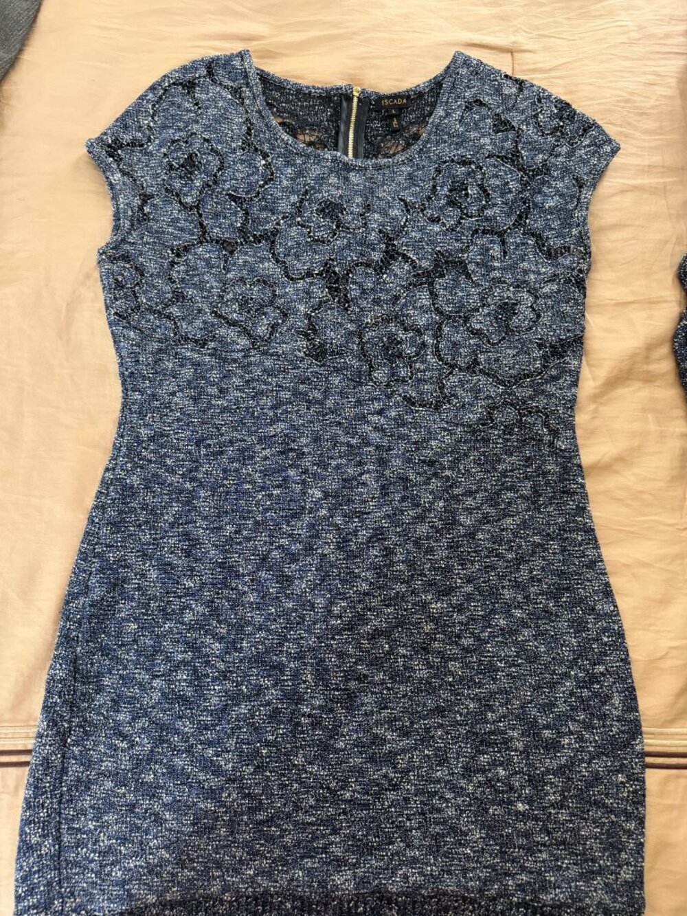 Escada Italian blue wool blend dress w/ floral crochet details, back zipper. L.